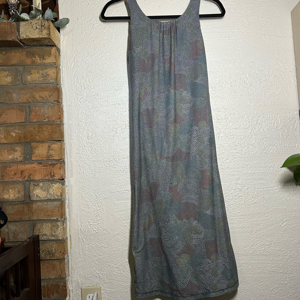 Prana Midi Dress in Slate Gray with Olive and Mauve Dot Pattern